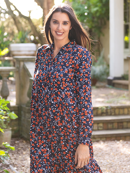 Tiered Shirt Dress in Navy Orange Flower