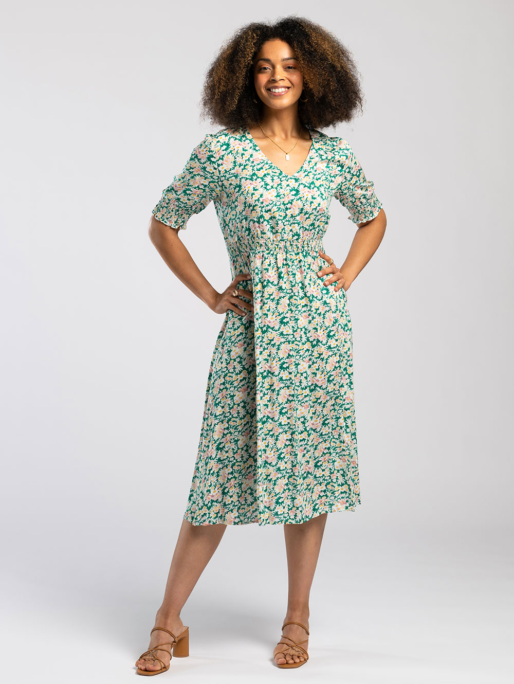 https://www.pentlebayclothing.com/img/ss22/womens-dresses/shirred-waist-midi-dress-ss22-green-blossom-1.jpg